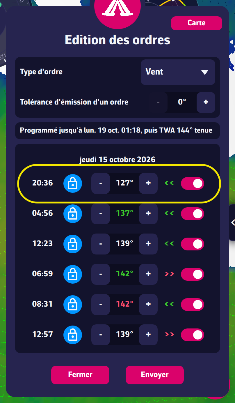 Fenêtre « Édition des ordres » avec une ligne de chaque type