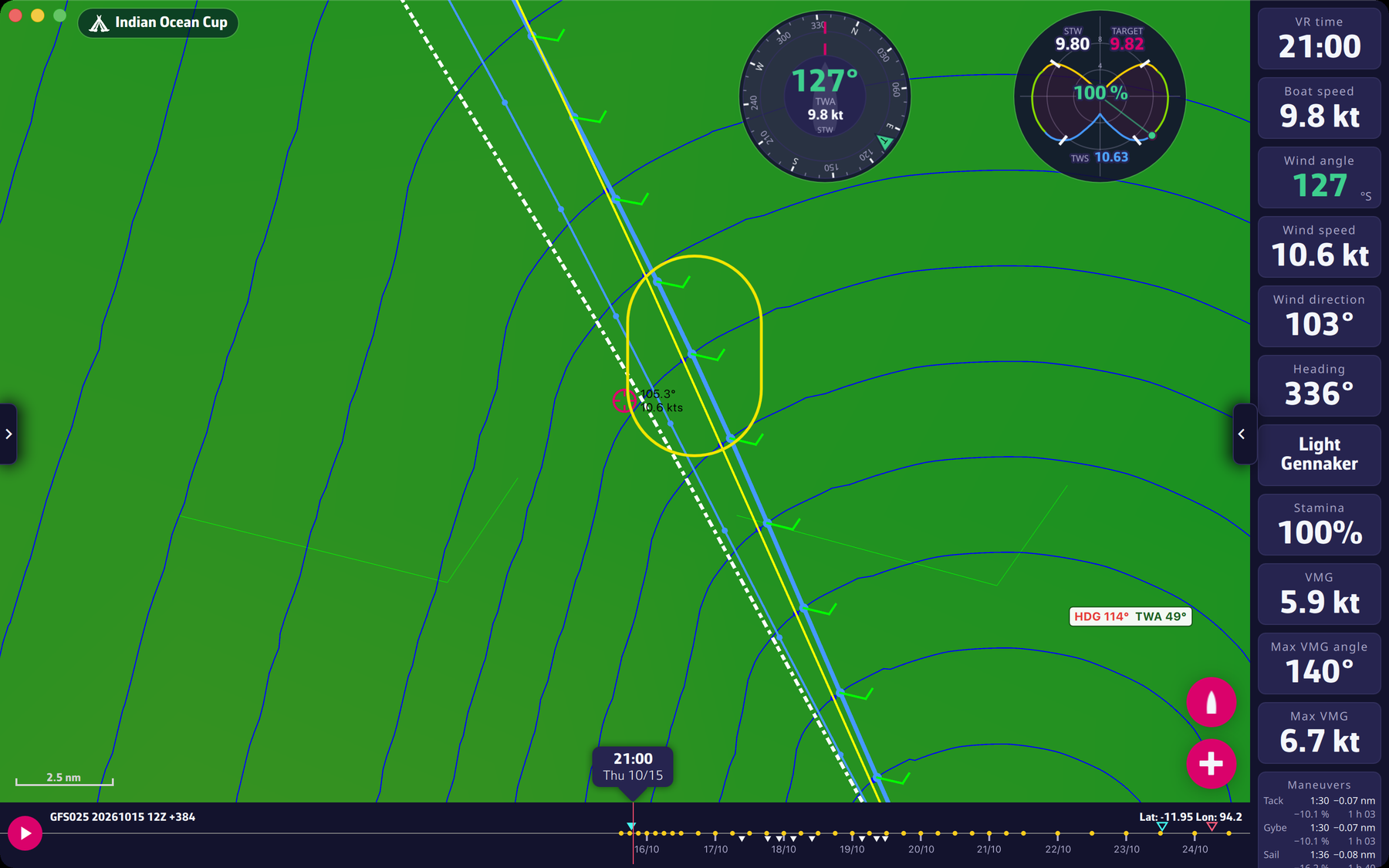 Isochrones of a routing with their blue dots