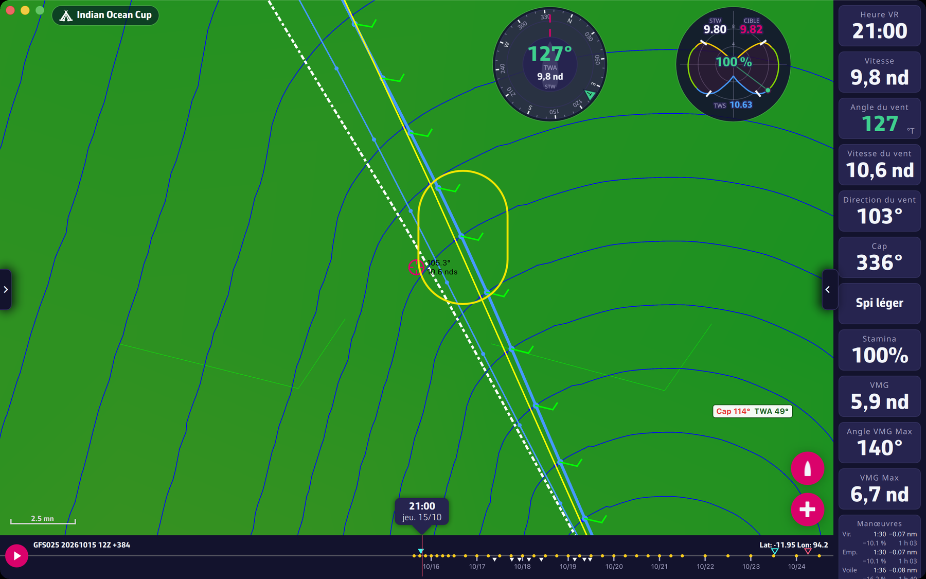 Isochrones d’un routage avec leurs points bleus