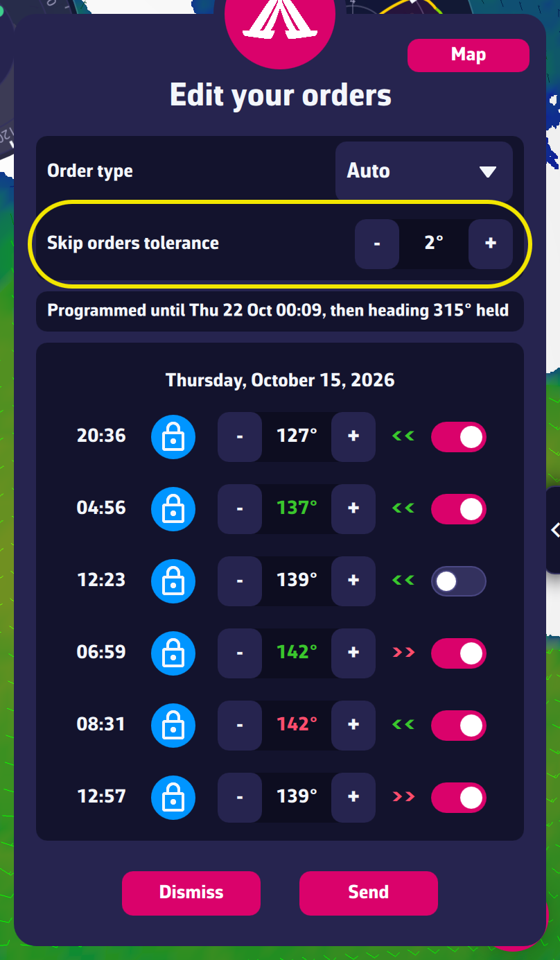 The “Edit your orders” window with the skip orders tolerance