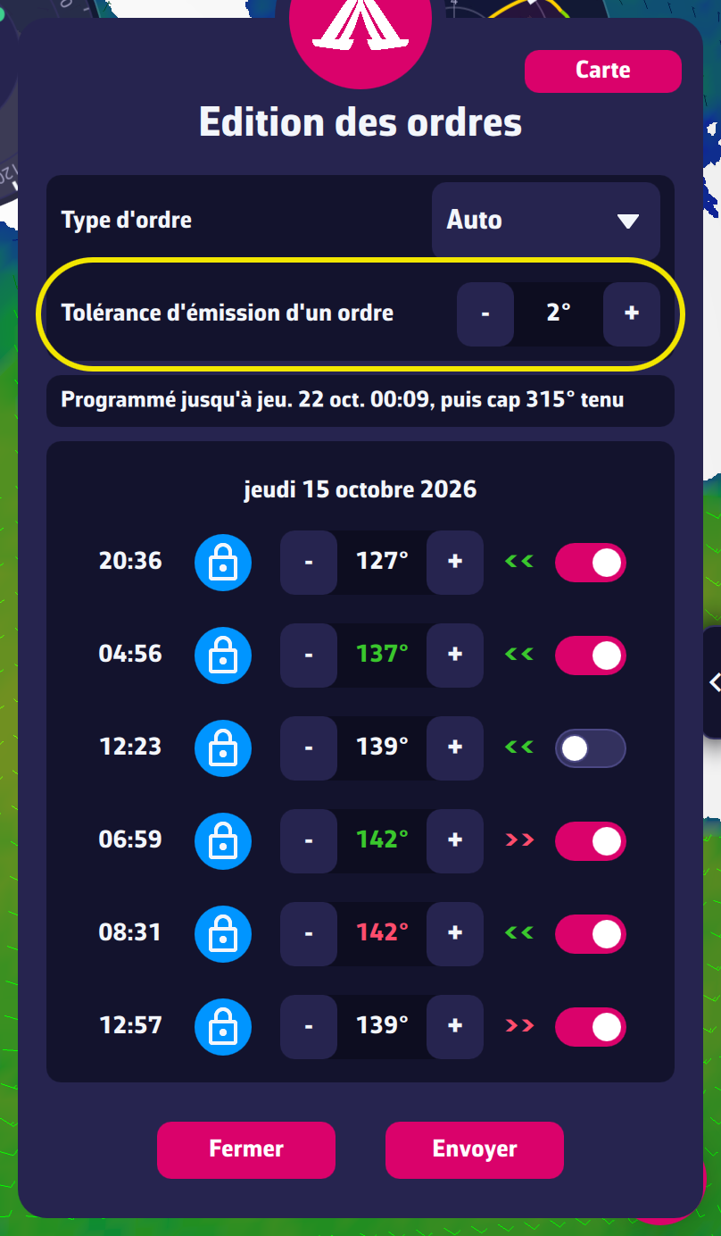Fenêtre « Édition des ordres » avec la tolérance d’émission