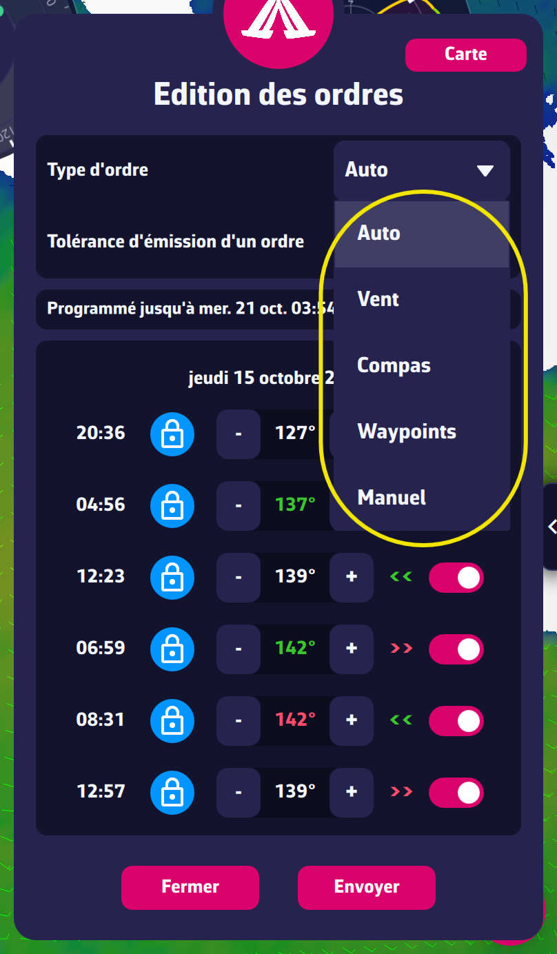 Sélecteur « Type d’ordre »